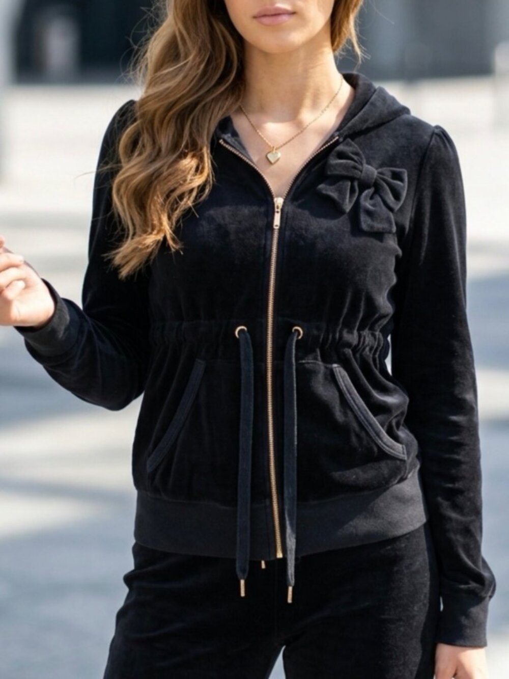 Vintage Y2K Juicy Couture Black Velour Jacket XL Bow Hooded Drawstrings